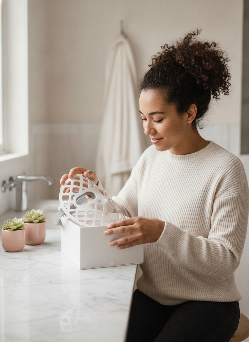 A woman unboxes a white Face LED Mask on a marble bathroom vanity, captured in a candid, natural daylight portrait.