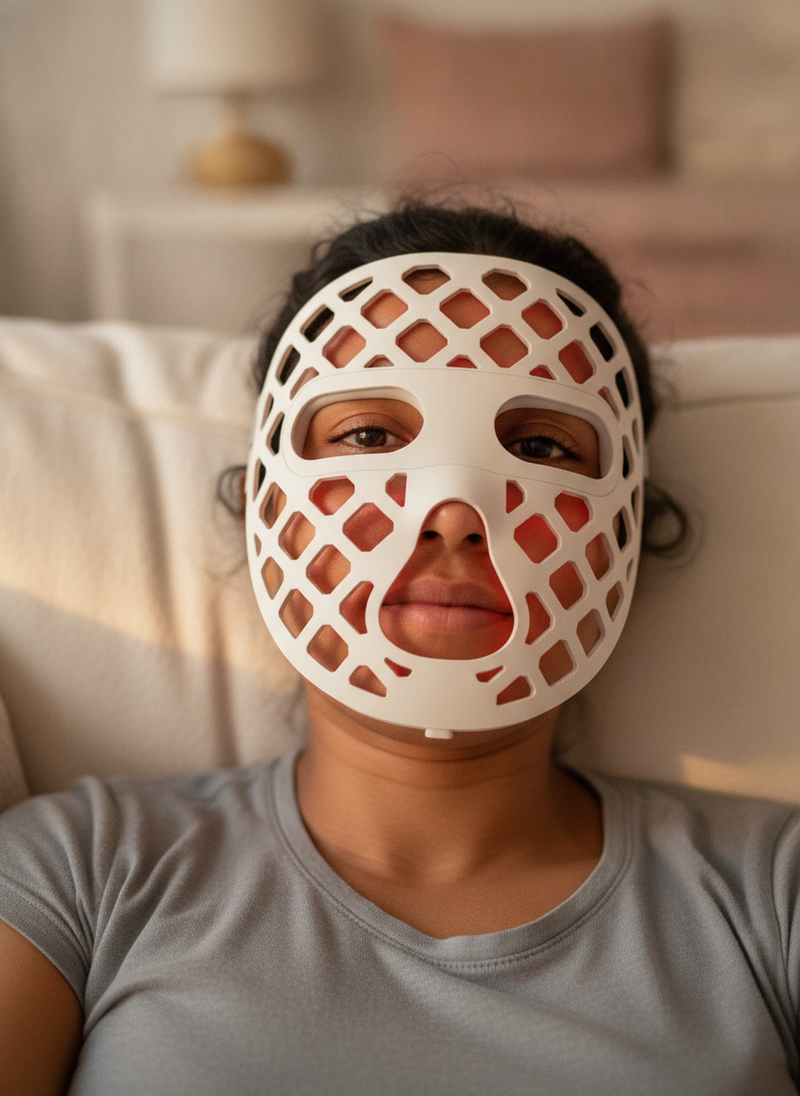 A close-up selfie of a person relaxing with a red glowing Face LED Mask on their face in the evening.