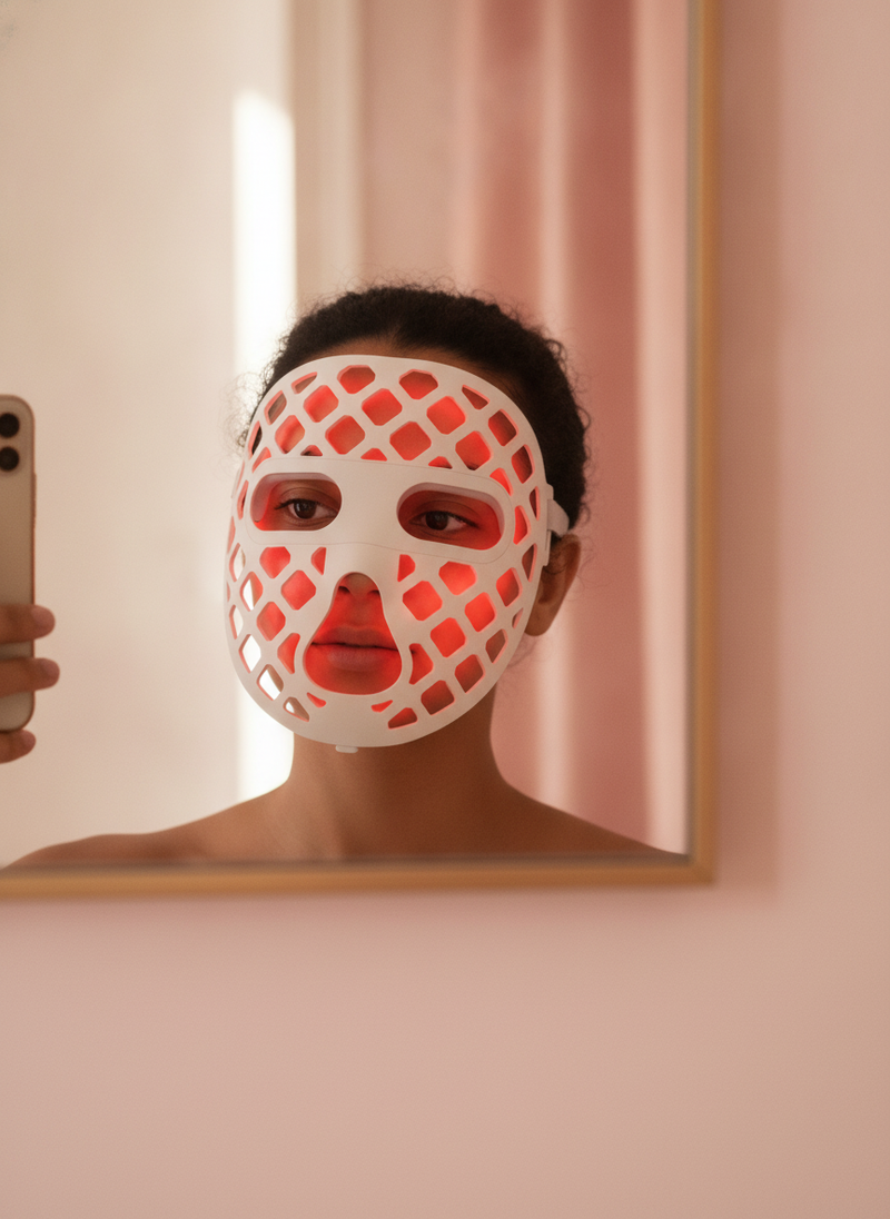 A person takes a mirror selfie while wearing a flexible silicone Face LED Mask, highlighting its comfortable and secure fit a
