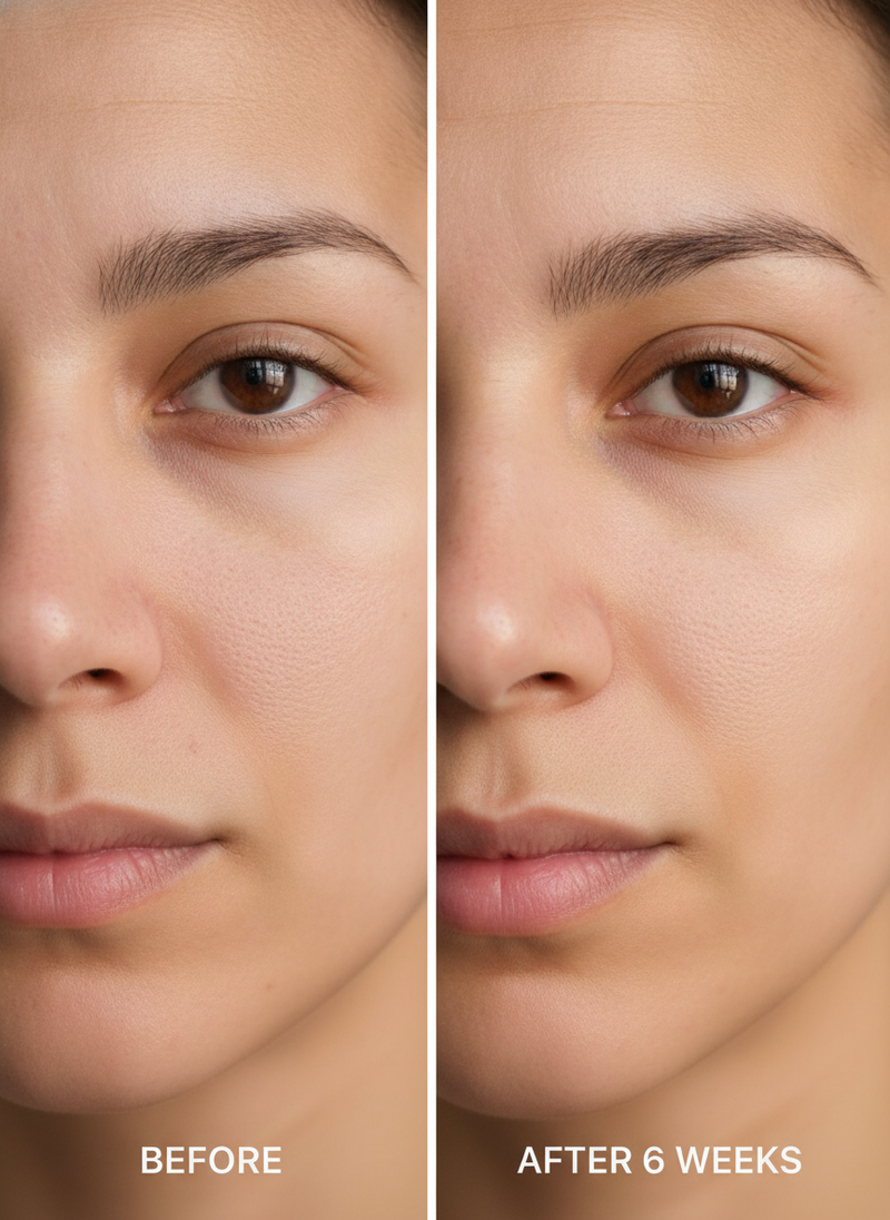 Side-by-side comparison of skin texture, showing visible improvement after six weeks of using a Face LED Mask.