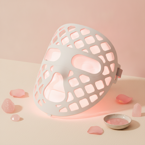 Close-up of a white Face LED Mask on a cream surface, glowing with soft blush pink light, illustrating collagen stimulation.