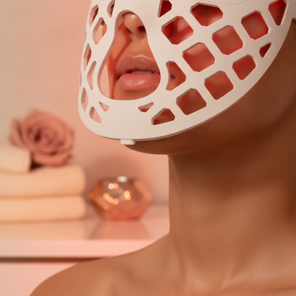 Close-up of a person's lower face and neck, with a red LED face mask gently illuminating their skin, suggesting repair and re