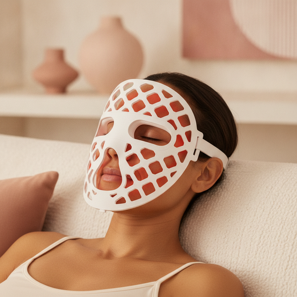 A person with glowing skin wears a Face LED Mask while relaxing on a cream sofa in a modern living room.