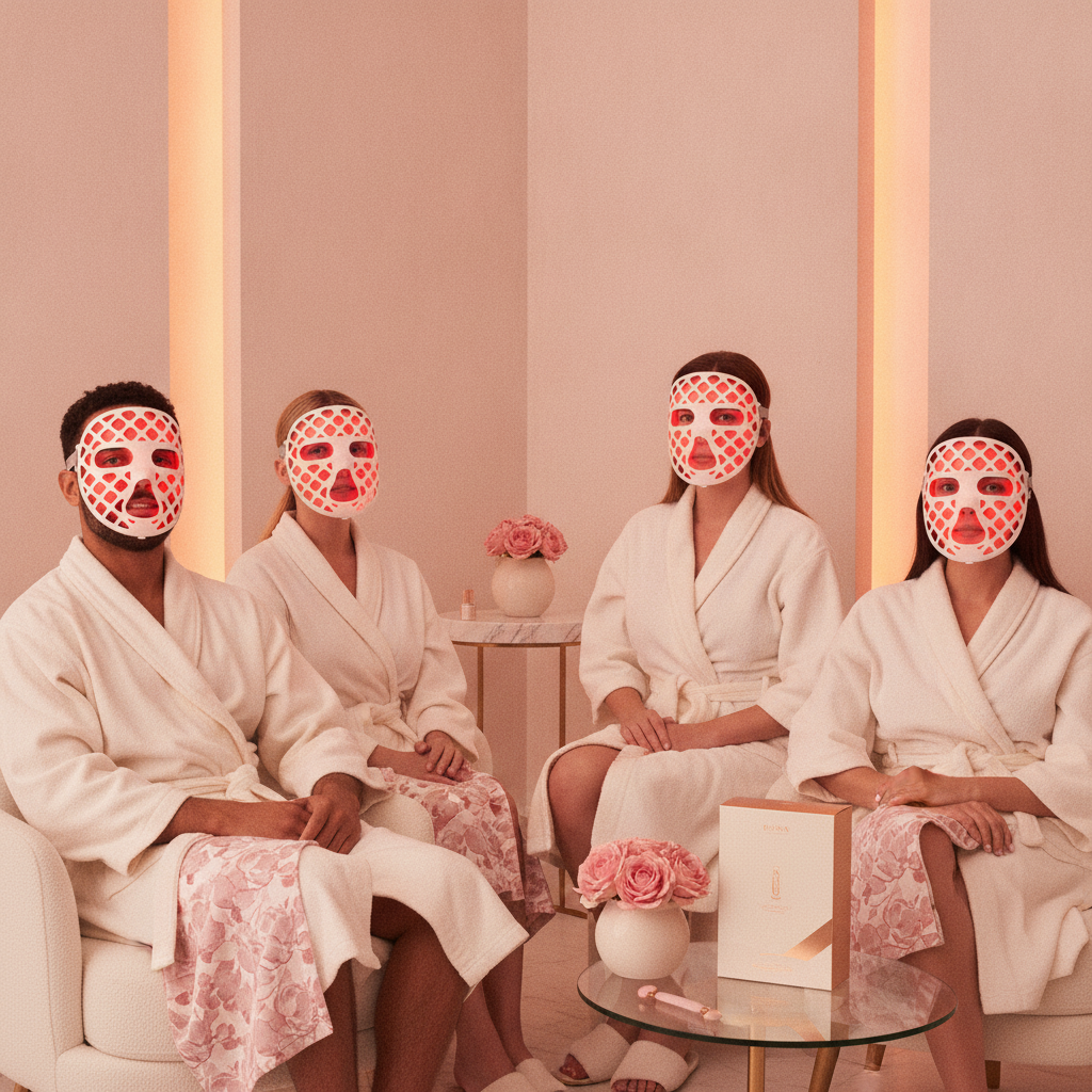 Diverse group wearing glowing LED face masks in a serene spa setting with warm cream and blush pink accents.